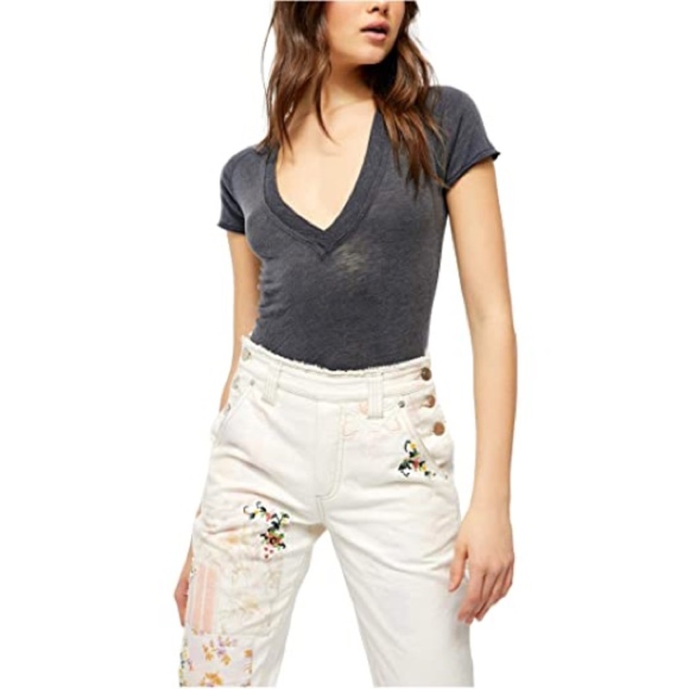 FREE PEOPLE | Grey V-neck Relaxed Fit Casual T-shirt | Size XS | Light Fabric - Picture 13 of 13